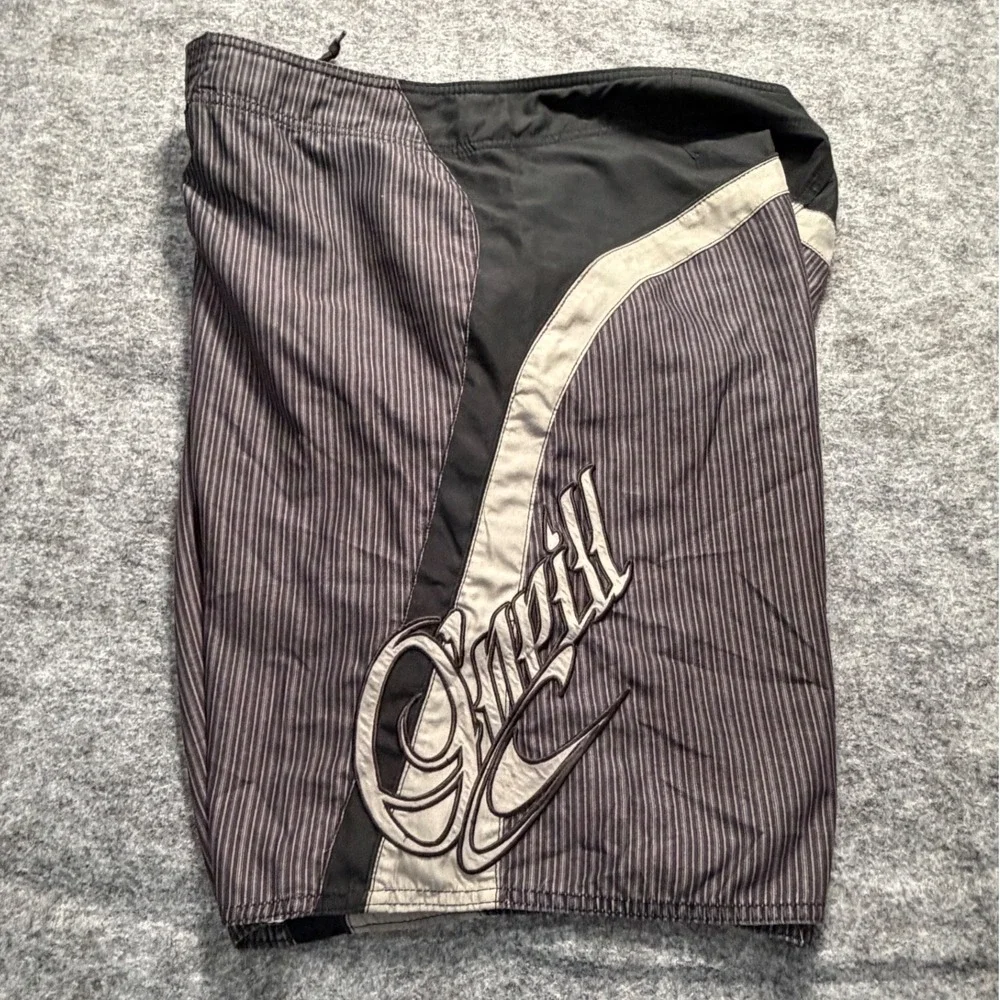 Vintage Y2K ONeill Mens 38 Pinstripe Board Shorts Black Grey Embroidered Logo